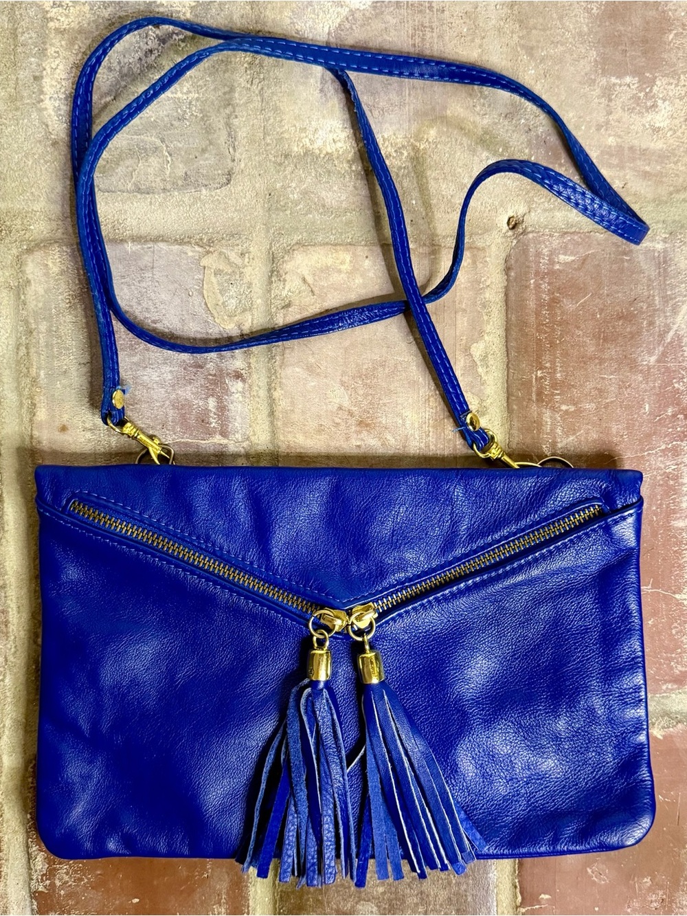 Italian Genuine Leather Royal Blue Tassel Crossbody - Picture 3 of 5